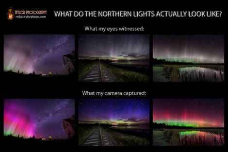 Images of auroras captured by photographer Mike Taylor show that what the eye sees (top) lack the color and vibrancy of the true colors revealed by a camera (below). Credit: Image copyright Mike Taylor - Taylor Photography