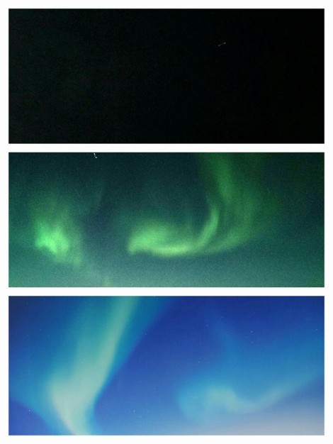  1st pic: the aurora with a phone camera. 2nd pic: the aurora with a phone camera with a northern light photo app 3rd pic: the aurora taken by a professional photographer To clear any misconception on what the human eye see when they are out in the sky. It's not the vivid green color that you see from the camera pics. It's much lighter and grey-er. Sometimes they look like clouds but wavy with a slight tinge of green.